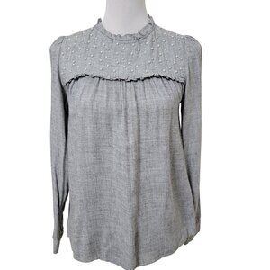 Zara Size S Gray Peasant Blouse with Pearl Beads across Upper Front